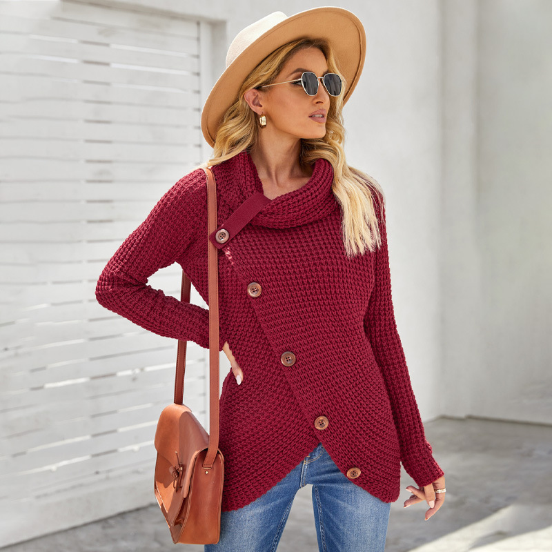 Shiying europeo y americano cuello alto piña flor suéter mujer 2023 otoño e invierno nuevo manga larga dobladillo asimétrico suéter