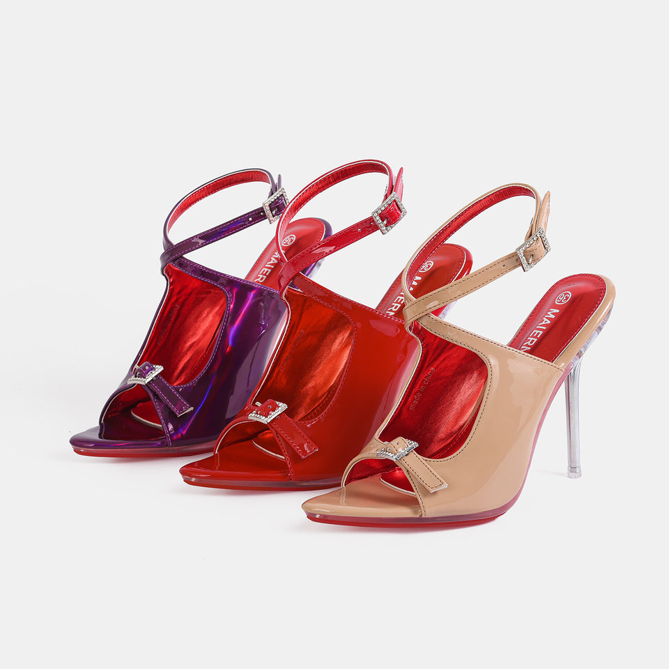 Giày sandal cao gót nữ mũi nhọn da bóng quai ngang khóa cài gót siêu cao — Màu be, Màu bạc, Màu trắng, Màu tím