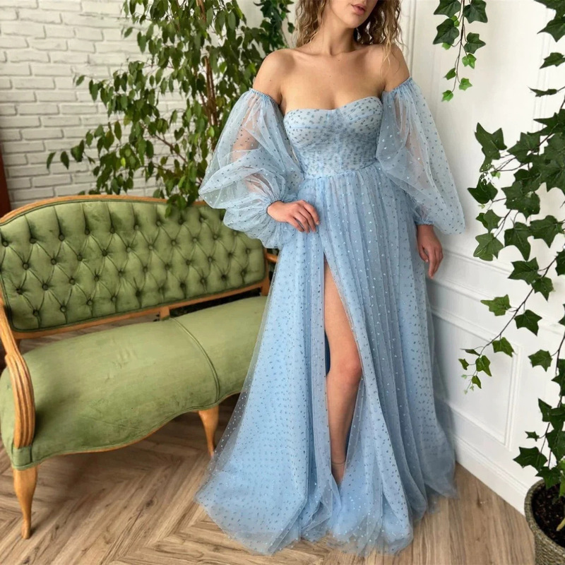 Cross-Border Sheer Polka Dot Strapless Long Evening Gown with Off-Shoulder Lantern Sleeves and Side Slit for Lawn Weddings and Bridal Parties