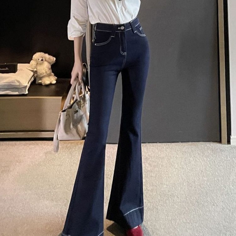 丹宁蓝高腰微喇牛仔裤女秋冬加绒修身弹力显瘦喇叭裤小个子拖地裤|undefined