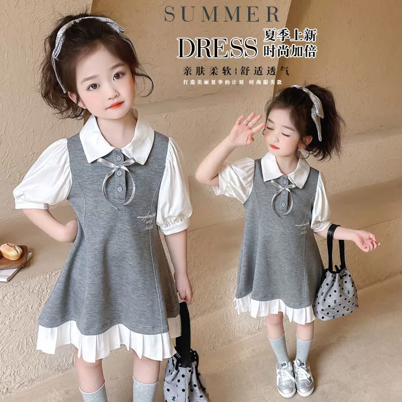 Летнее платье для девочек 2025, новое летнее платье, детское поло в западном стиле, принцесса, студенческий стиль, юбка с коротким рукавом для малышек