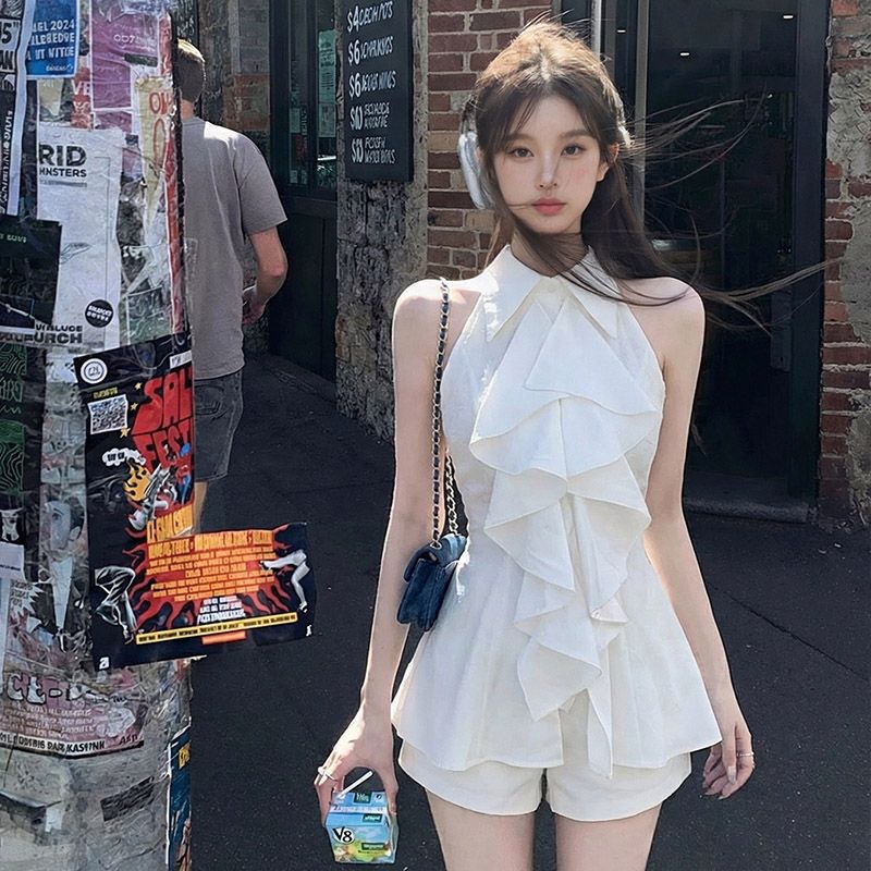 Sweet and Spicy White Halter Neck Sexy Dress for Women, Early Spring Dress, French Style Waist-Cinching Sleeveless Ruffled Shirt Dress