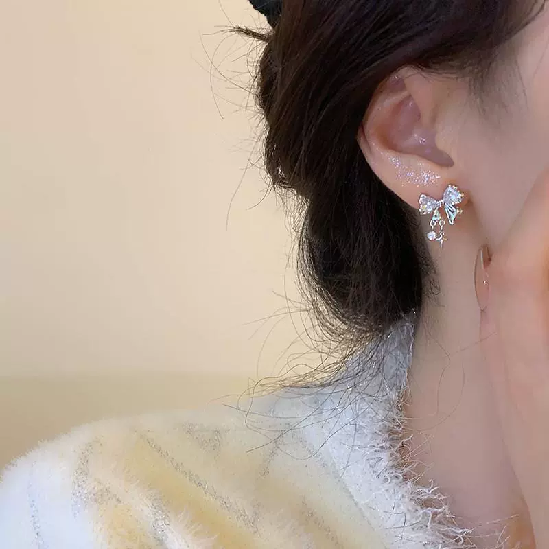 Zirconium with bow, small design fashionable earrings, trend of season, internet celebrity