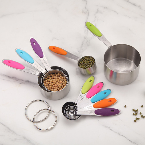 Stainless steel measuring cup measuring spoon 10-piece set with scale silicone handle measuring spoon coffee milk powder spoon kitchen baking tools