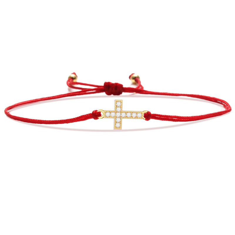 2022 Europe and the United States cross-border fashion jewelry plated real gold copper micro-inlaid zircon cross red rope popular bracelet 2022 Europe and the United States cross-border fashion jewelry plated real gold copper micro-inlaid zircon cross red rope popular bracelet