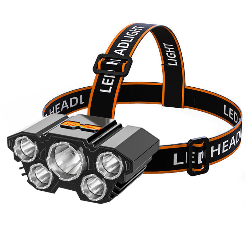 Mocne światło LED, pięć reflektorów, superjasna latarka montowana na głowie, ładowanie przez USB, wodoodporna latarka czołowa_voghion.com