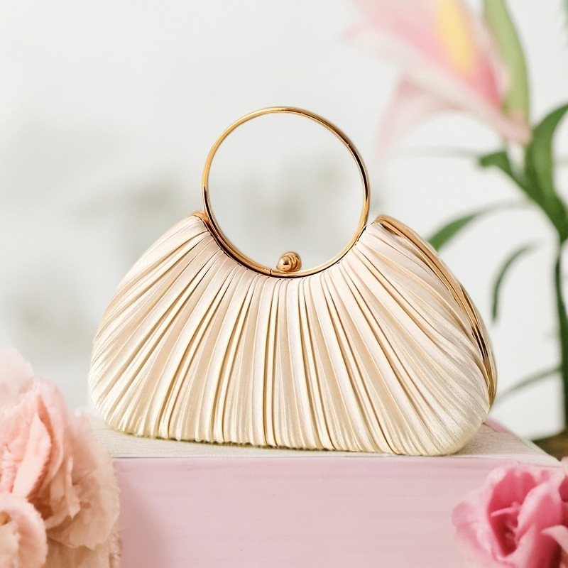 Túi clutch dạ tiệc satin xếp ly hình vòng tròn, phong cách sườn xám, có dây đeo chéo — Màu mơ, Màu trắng, Màu bạc, Màu hồng
