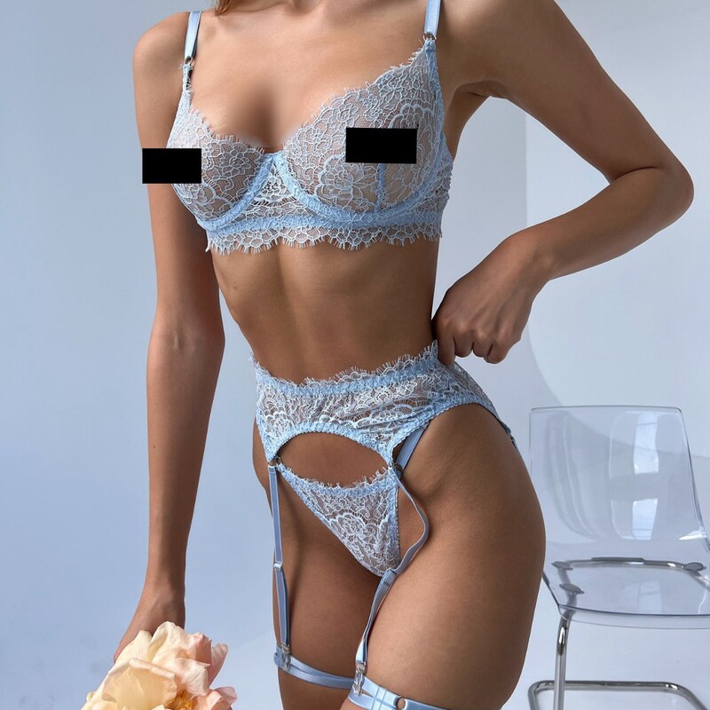 Amazon Cross-Border New Product Sexy Underwear Fashion Women's Lace with Steel Ring Leg Ring Garter Bra Set Four