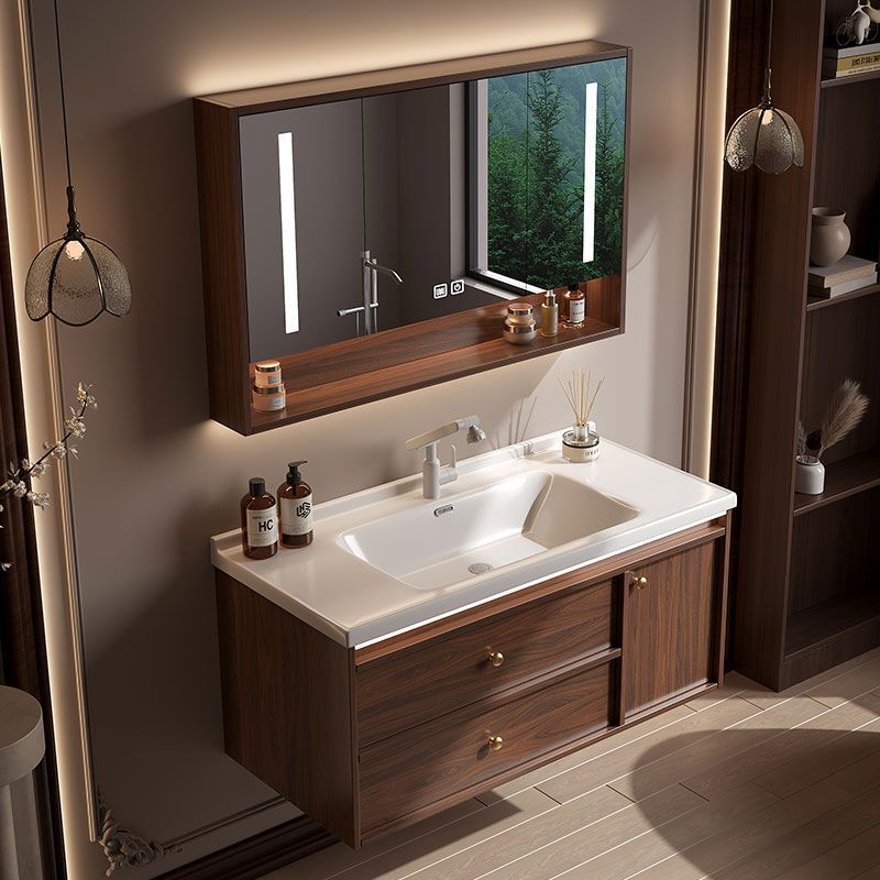 Walnut Bathroom Cabinet with Integrated Ceramic Basin, Bathroom Sink Cabinet Set, Integrated Washbasin Countertop Walnut Bathroom Cabinet with Integrated Ceramic Basin, Bathroom Sink Cabinet Set, Integrated Washbasin Countertop