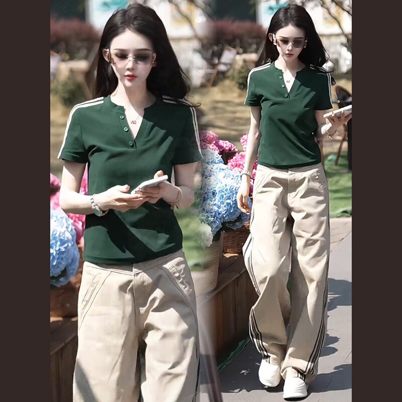 Fashionable Women's Suit 2026 Summer New Stylish Slim-Fit V-Neck Short-Sleeve T-Shirt and Denim Wide-Leg Pants Casual Two-Piece Set