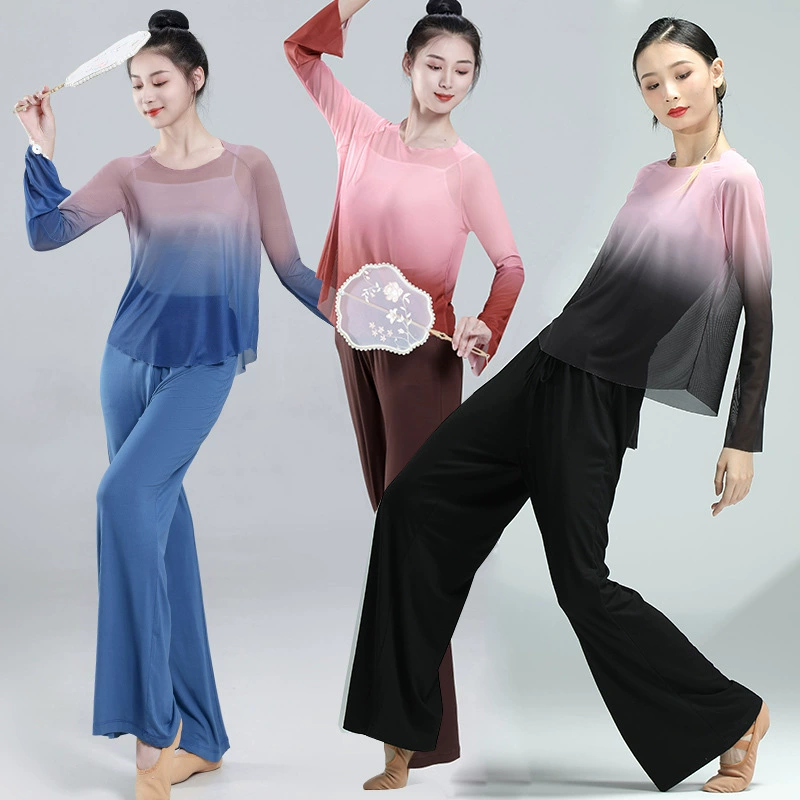 Новый классический танцевальный костюм, женская одежда из пряжи с рифмой, фея, элегантный градиент, меняющий цвет, практика, художественный тест, топ, Женская Производительность