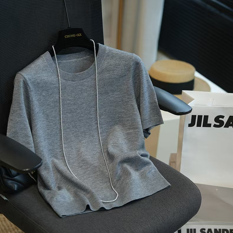 High-End Worsted Wool and Mulberry Silk Thin Short-Sleeved Knitwear for Women in Summer Loose and Versatile Round Neck Half-Sleeved T-Shirt