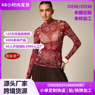 欧美跨境爆款腰果花透视网纱上衣弹力修身百搭通勤辣妹长袖打底衫
