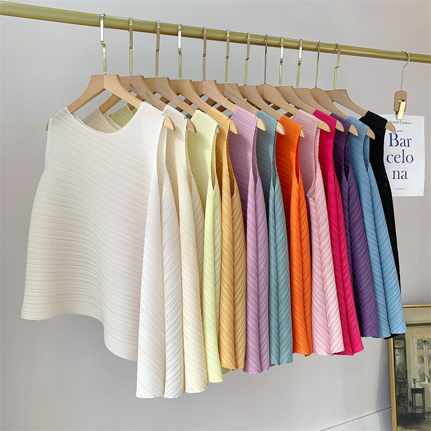 三宅风褶皱上衣女不规则T恤圆领无袖小众舒适休闲时尚百搭