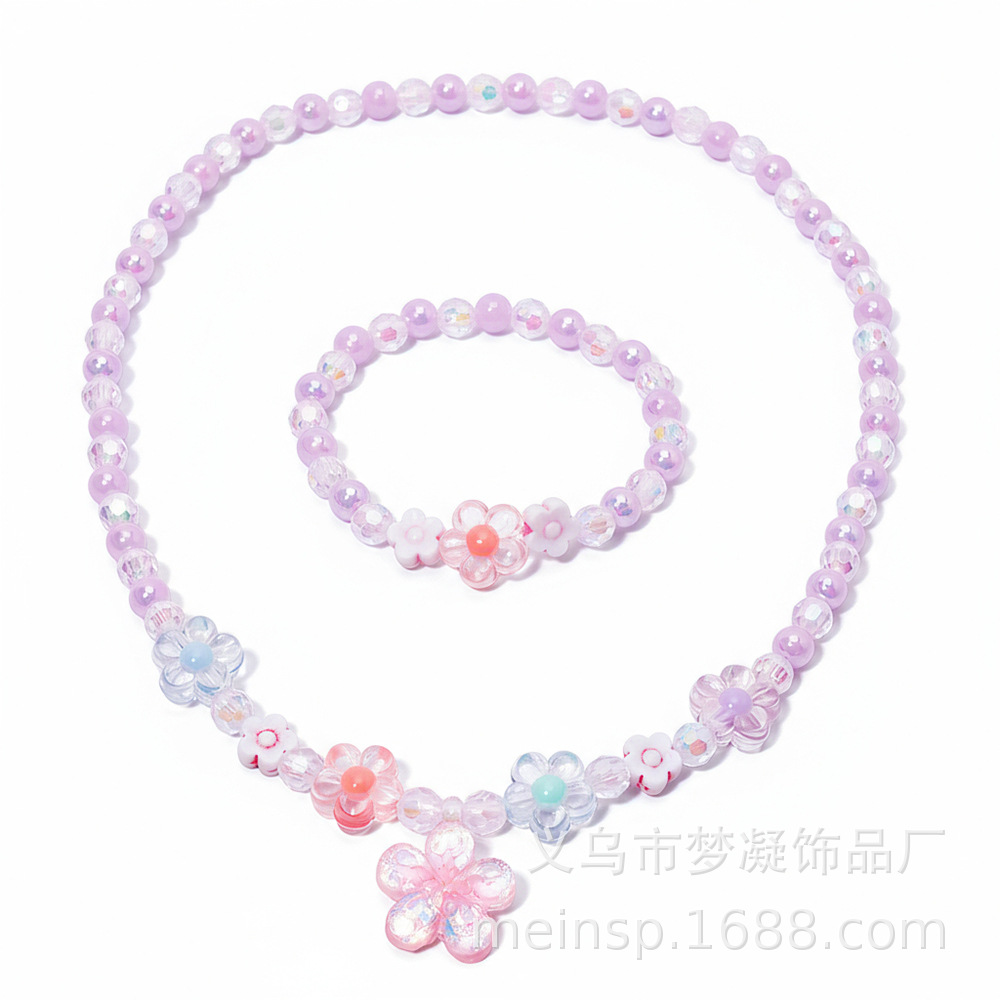 1 bracelet 1 necklace pink flower bracelet necklace combination suit children's jewelry beaded jewelry accessories