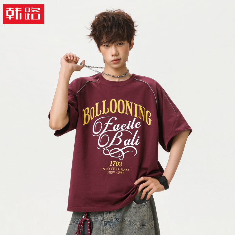 American Retro Style Color-Blocking Letter Print Pure Cotton Short-Sleeve T-Shirt for Men, Summer Style with Reflective Strips, Casual Tee Shirt American Retro Style Color-Blocking Letter Print Pure Cotton Short-Sleeve T-Shirt for Men, Summer Style with Reflective Strips, Casual Tee Shirt