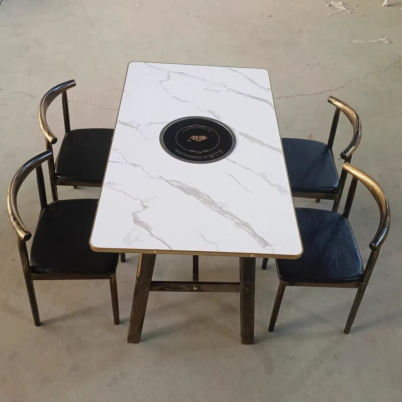 Induction Cooker Integrated Gas Stove One Person One Pot Round Table Dining Restaurant Table and Chair Combination Theme Retro Hot Pot Table
