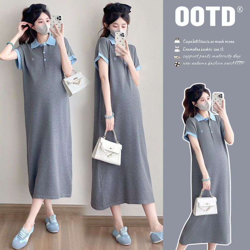 Vestido de maternidade verão na moda mãe nova moda gola polo fino de manga curta solto emagrecimento look de malha vestido feminino de comprimento médio