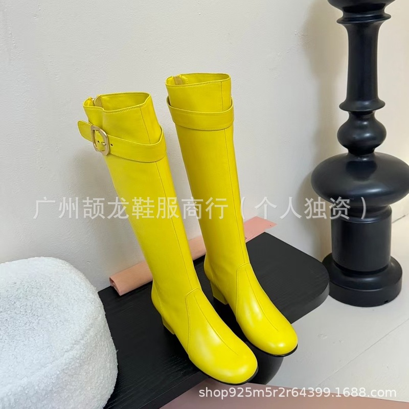 高端2025秋冬真皮圆头复古皮带方扣粗高跟后拉链高筒骑士靴长靴女|undefined