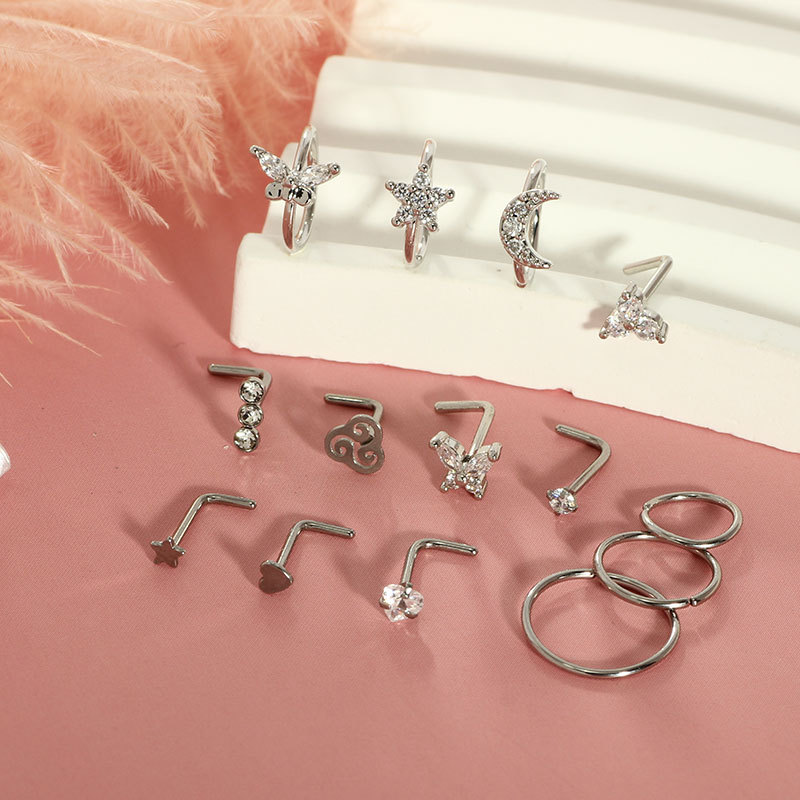 14G Heart Nose Ring Stainless Steel Nose Stud Piercing Jewelry Set of 14 - Silver Zircon detail image 8