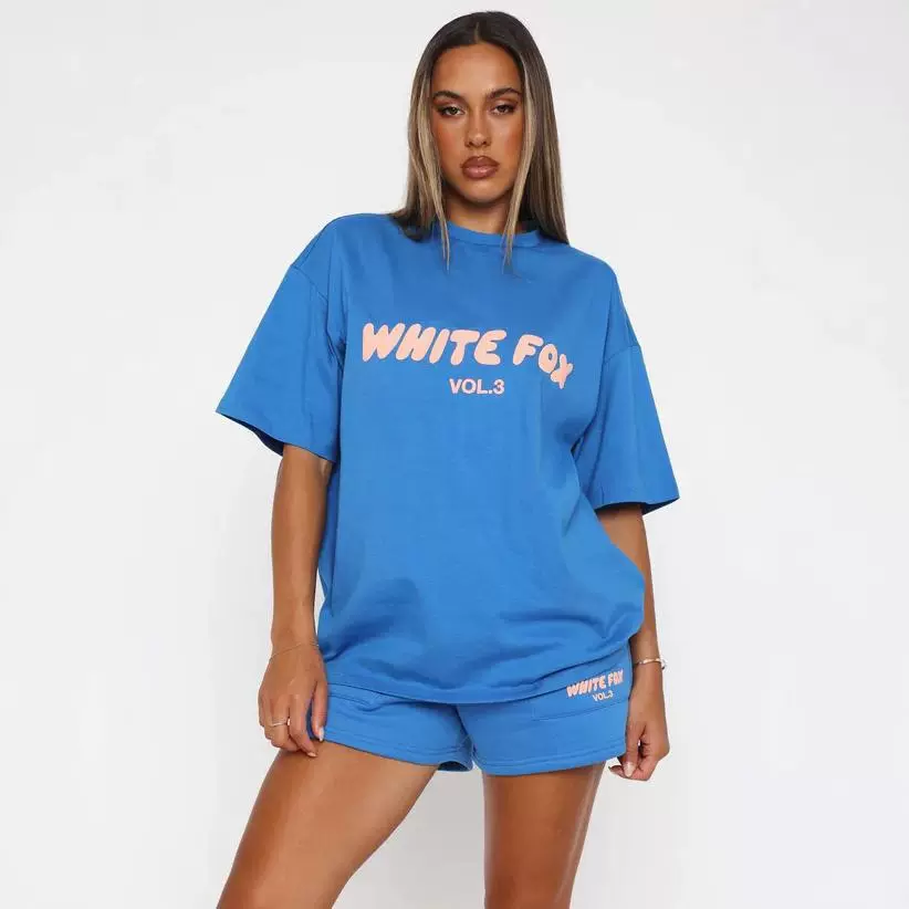 欧美跨境现货whitefox圆领套装宽松运动短袖短裤两件套亚马逊批发