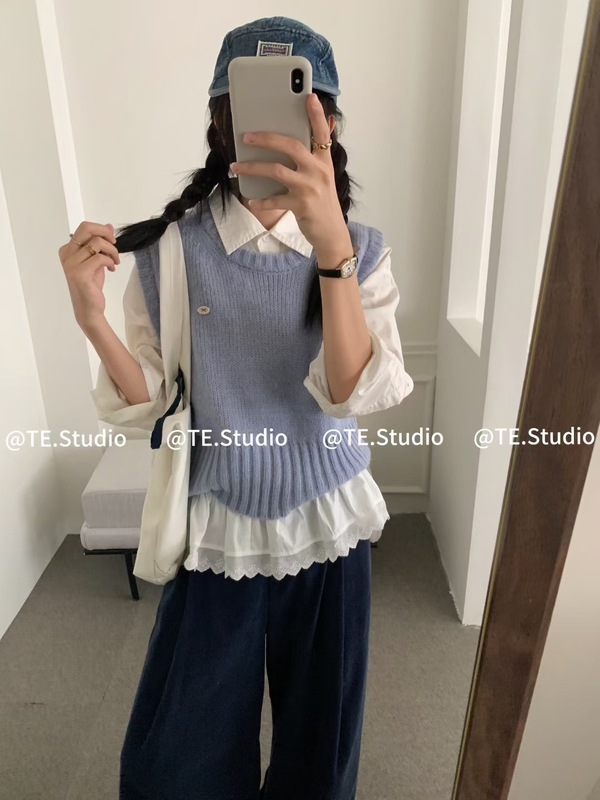 韩系叠穿外搭圆领针织马甲女秋季无袖气质减龄毛衣背心内搭打底衫|undefined