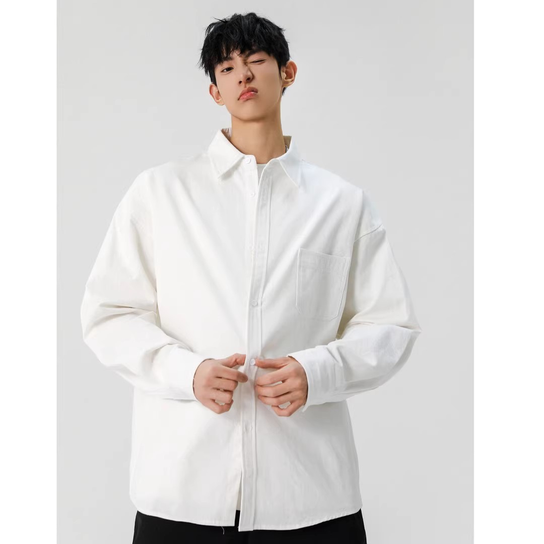White Japanese-Style Work Shirt for Men, Long-Sleeved Shirt for Layering, Spring American-Style Lapel Jacket for Summer