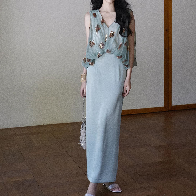 In stock "Tourmaline" light and sheer fairy-like sequin embroidered French vintage satin long dress In stock "Tourmaline" light and sheer fairy-like sequin embroidered French vintage satin long dress