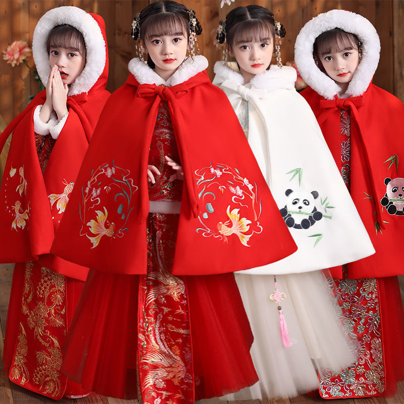 儿童斗篷连帽外套加绒毛呢刺绣汉服锦鲤女童秋冬防风加厚古风包邮