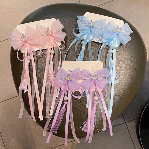 Girls hanfu hair accessories princess fairy cosplay pink blue hair bowknot tassel ribbon pin hanfu folk dance costume  headdress hair comb for kids 