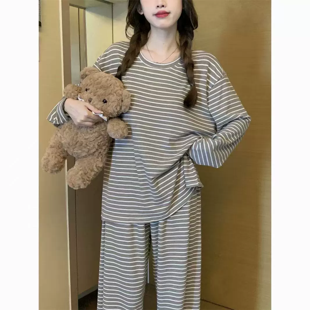 Корейская версия полосатой пижамы женская весна и осень простой повседневный свободный женский стиль студенческая домашняя одежда из двух частей зимой