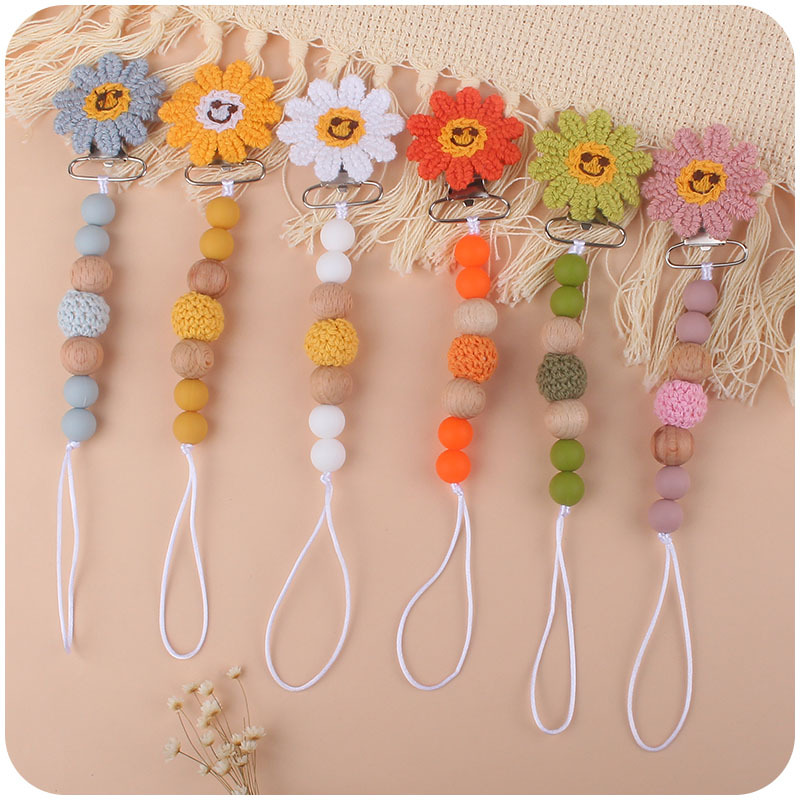 Nuevo bebé suministros de ganchillo girasol chupete clip bebé de silicona Beech cadena chupete cadena anti-caída Amazon