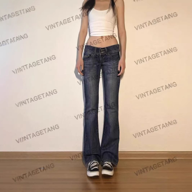 American Retro Style Spicy Girl Low-Waist Flared Floor-Length Jeans for Women, 2026 Spring/Summer New Small Size Stretchy Bell-Bottom Pants