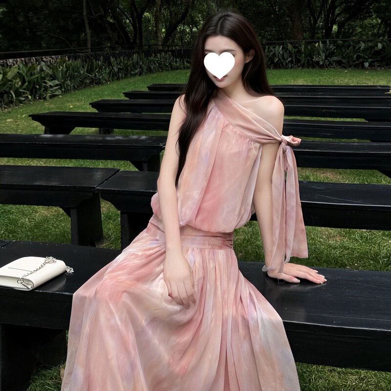 Unique and Beautiful Little Dress for Early Summer, Pink One-Shoulder Holiday-Style Dress, Women's French-Style Fairy Chiffon Long Dress Unique and Beautiful Little Dress for Early Summer, Pink One-Shoulder Holiday-Style Dress, Women's French-Style Fairy Chiffon Long Dress