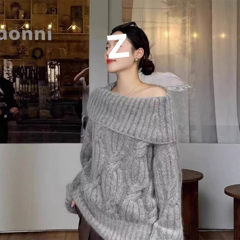 Lazy Style White One-Shoulder Off-Shoulder Sweater for Women, Early Autumn High-End Loose Thickened Outerwear Knit Top Lazy Style White One-Shoulder Off-Shoulder Sweater for Women, Early Autumn High-End Loose Thickened Outerwear Knit Top