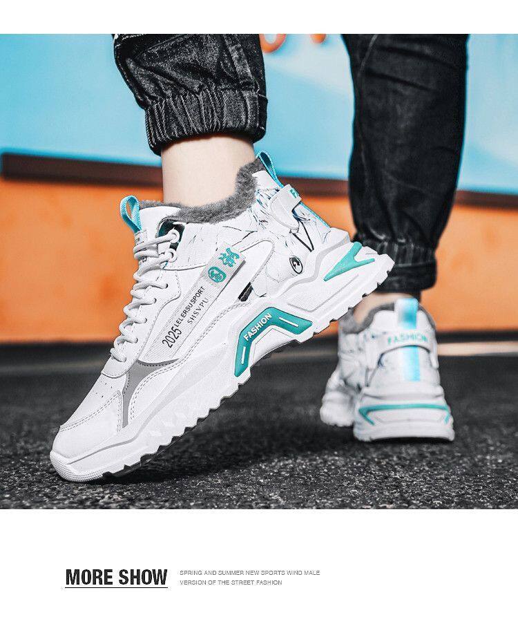 Giày nam cao cổ lót lông giữ ấm, giày thể thao casual thắt dây mũi tròn — A760-1 lót nhung trắng xanh lam, A760-1 lót nhung trắng đen chi tiết 13