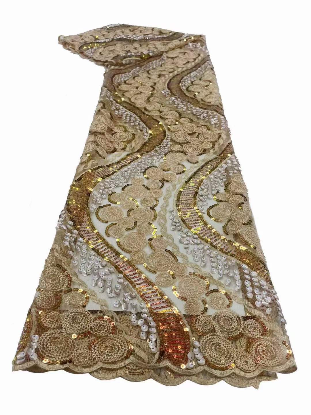 lace尼日利亚蕾丝面料满幅S形珠片刺绣走秀舞台高定裙子网布DIY