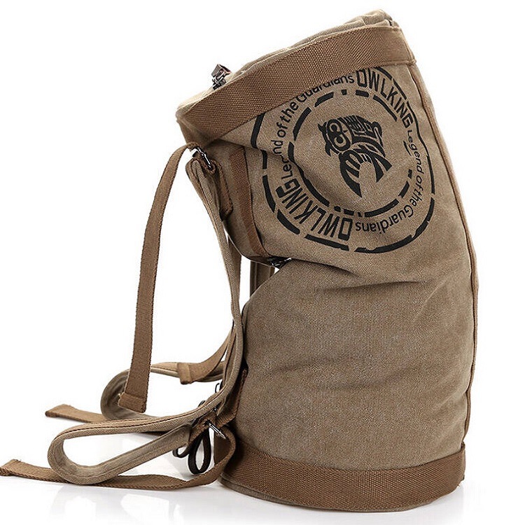 束口双肩背帆布大背包袋  袋口加拉链圆形驼色圆型棉布袋 帆布包