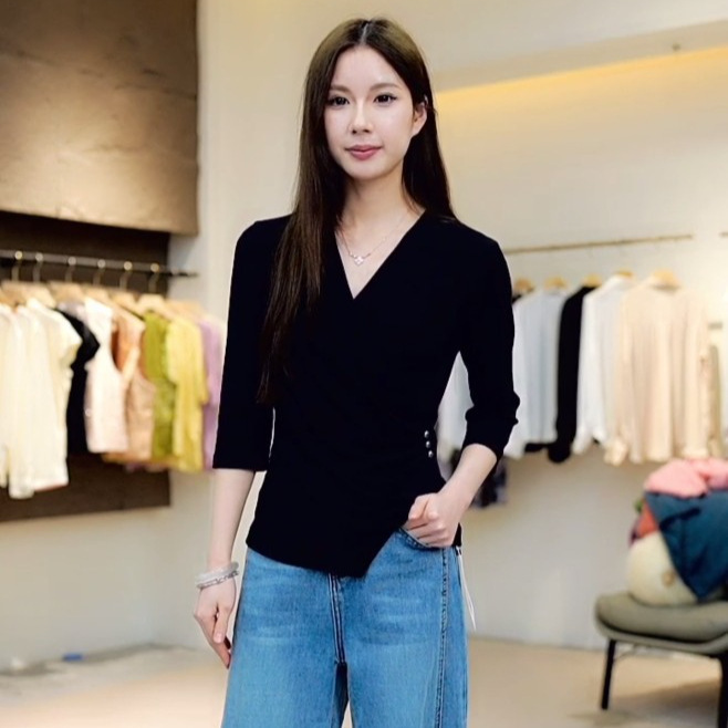 0404-26 Langjia Triacetate V-Neck Short-Sleeved Top Shirt 0404-26 Langjia Triacetate V-Neck Short-Sleeved Top Shirt