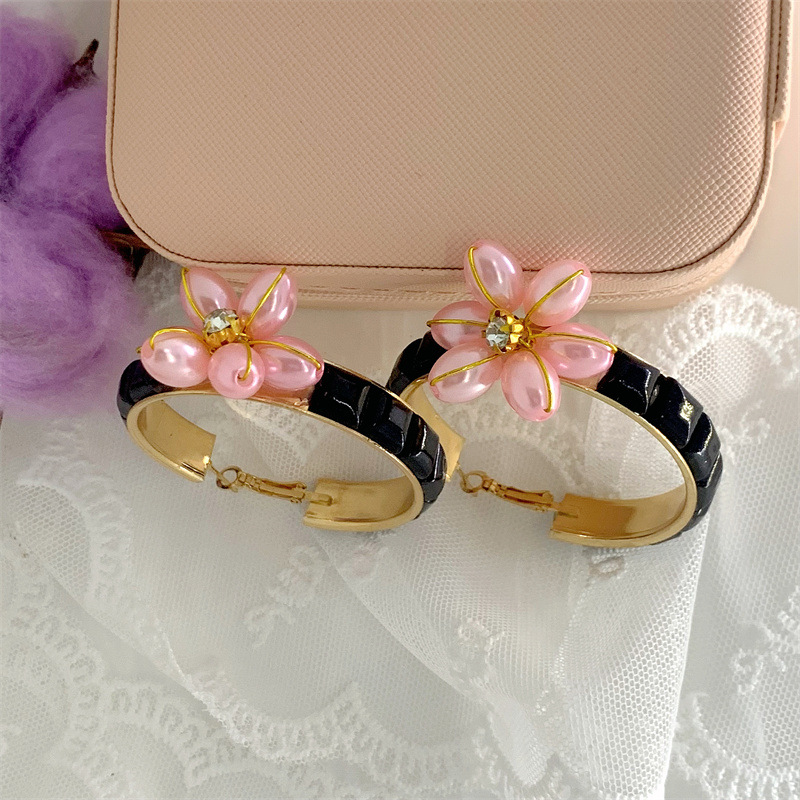 Fashion Flower Imitation Pearl Alloy Inlay Rhinestones Womenu0027S Hoop Earrings 1 Pair