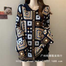 早秋韩系独特减龄复古重工镂空钩花针织开衫女宽松显瘦休闲上衣潮