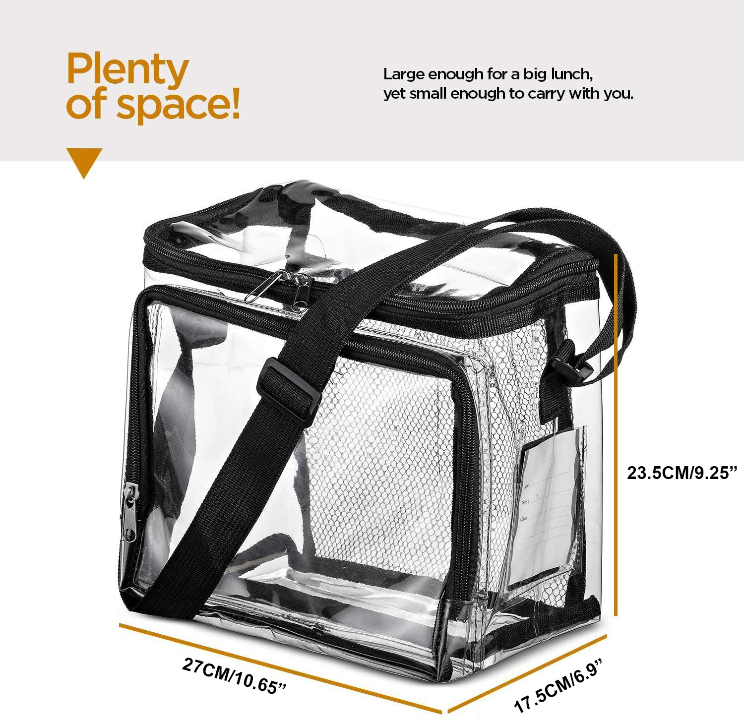 PVC Transparent Adjustable Strap Front Storage Compartment Mesh Pocket Outdoor Lunch Bag_voghion.com