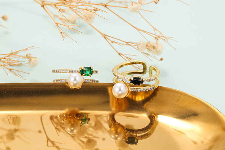 Geometric Pattern Wholesale Jewelry Copper Micro-inlaid Zircon Pearl Double-layer Opening Ring