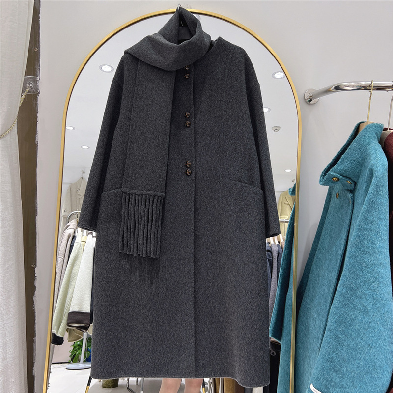 Double-sided Cashmere Coat Women's High-end Scarf 24 Autumn and Winter New Single-breasted Mid-length Solid Color Wool Coat