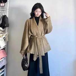 原版质量新款韩版中长款小个子羊毛大衣女浴袍款系带收腰毛呢外套