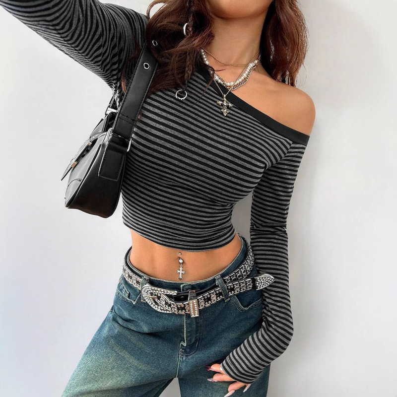 Coolane Women's Spring/Summer Y2K 90S Fashion Date Night Striped Asymmetric Neckline Off-Shoulder Long Dress