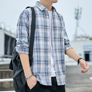 外贸2021春秋港风格子衬衫男士休闲长袖衬衣潮流青年帅气寸衫批发
