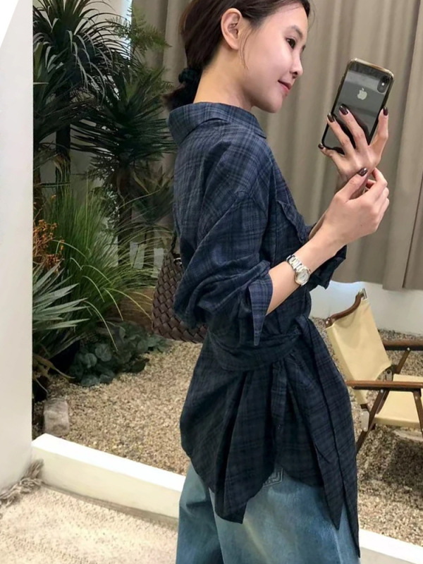韩系复古长袖格子衬衫女秋季2025新款高级慵懒绑带收腰设计感上衣|undefined