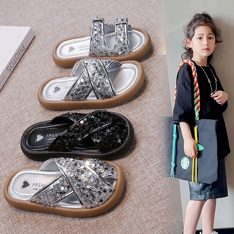 Girls' Sandals with Soft Soles and Sequins, Medium and Large Children's Slippers, 2026 Summer New Style, Casual Beach Shoes for Little Girls