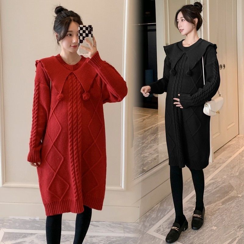 서양식 새해 임산부 옷 가을 겨울 정장 2025 새로운 대형 두꺼워진 드레스 상의 겨울 스웨터 드레스